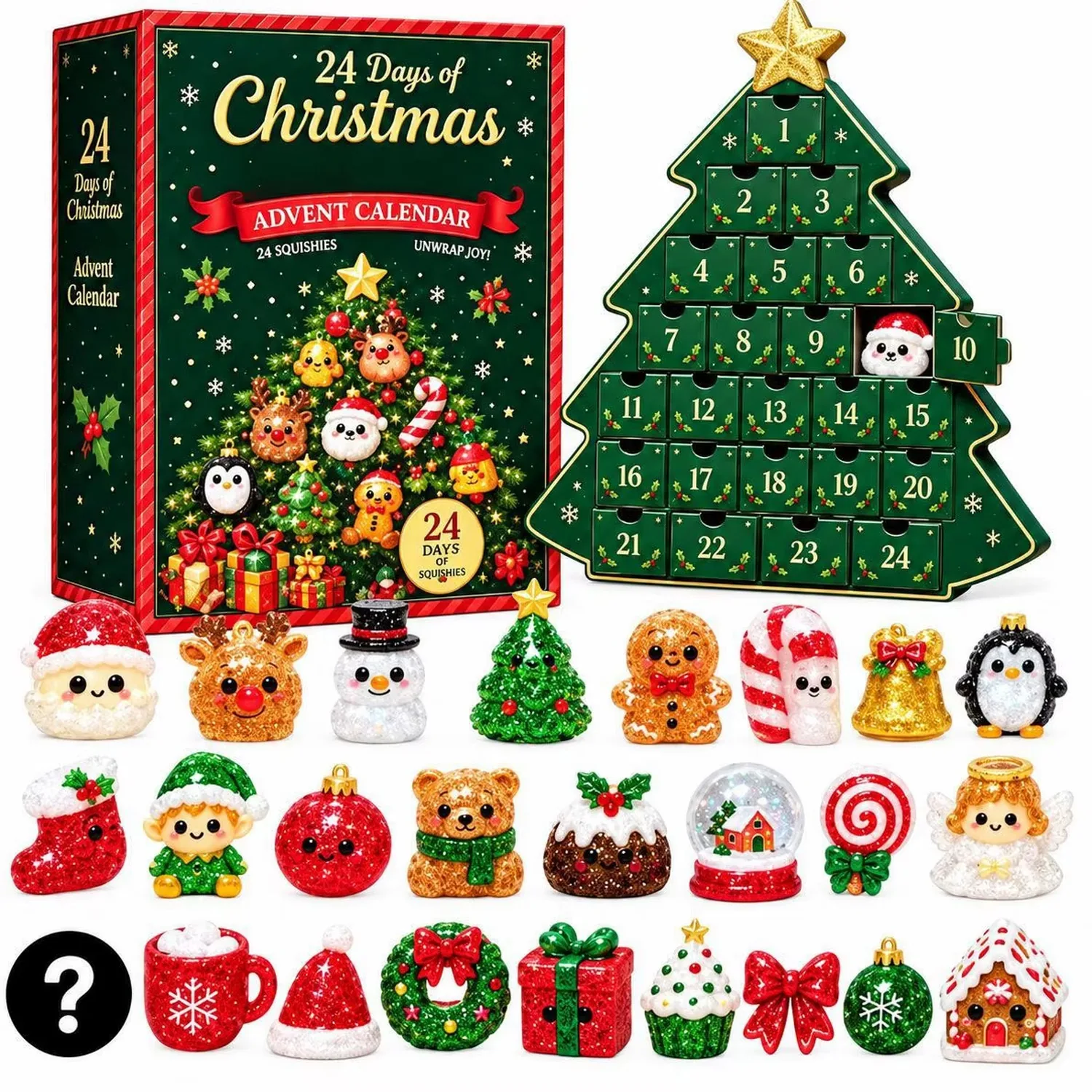 Kalendern, asken och de 24 klämfigurerna: tomte, ren, snögubbe, julgran, pepparkaksgubbe, polkagris, klocka, pingvin, strumpa, nisse, julgranskula, björn, julpudding, snöglob, klubba, ängel, kopp, tomteluva, krans, paket, muffins, rosett, kula och pepparkakshus